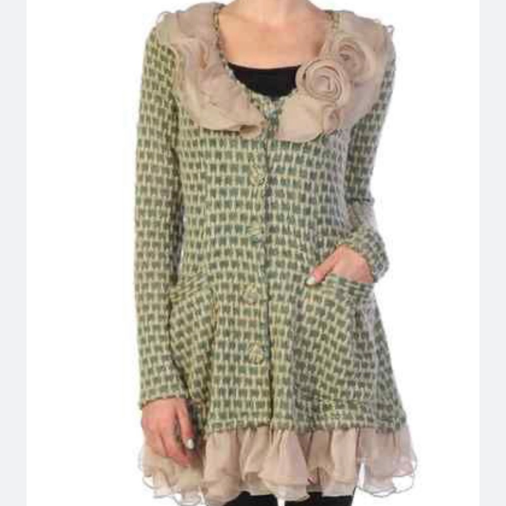 ModCloth Ryu Ruffle Knit Sweater Coat Size Medium Green Pink